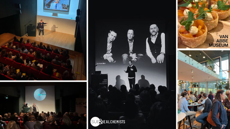 Innovatieve presentatie in Van Abbemuseum met sprekers en levendige publieksactie, inclusief digitale projecties en interactieve sessies over moderne kunst en technologie.
