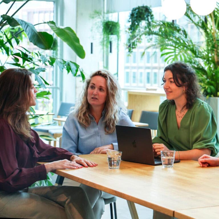 Verdeelde mensen bespreken ideeën in een modern kantoor met veel groen en natuurlijk licht.